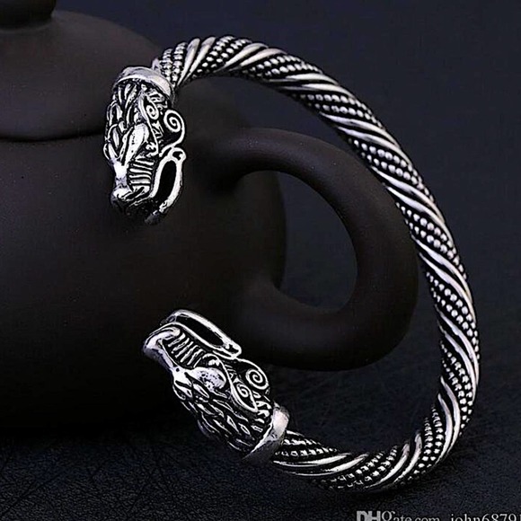 Sterling Silver Plated Serpent Viking Wolf Head Cuff Bracelet - Picture 1 of 7